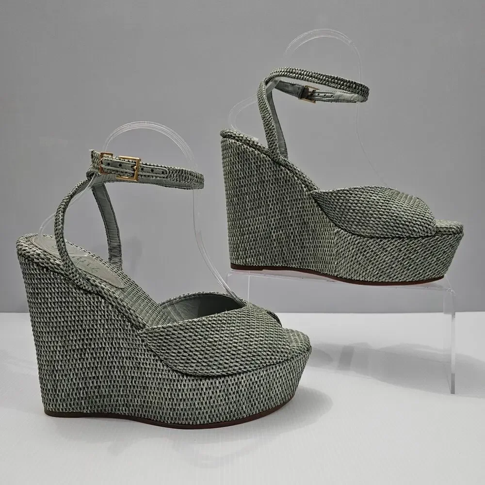 NEW Schutz Neith Straw Wedge Sandal Platform Green Raffia Size 9.5 - Picture 3 of 13